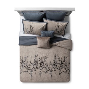 Blue & Taupe Embroidered Hexton Comforter Set (Queen) 8pc, Gray Blue
