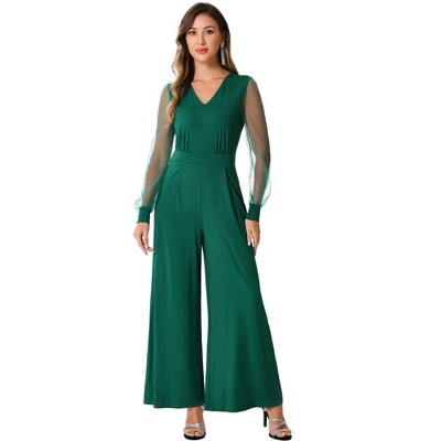Allegra K Women's Elegant V Neck Mesh Long Sleeve Loose Wide Leg Party Jumpsuits