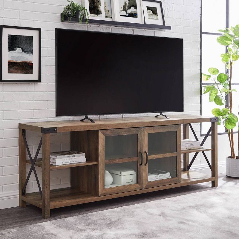 Sophie Rustic Farmhouse X Frame Glass Doors TV Stand for TVs up to 80&#34; Rustic Oak - Saracina Home, 3 of 18