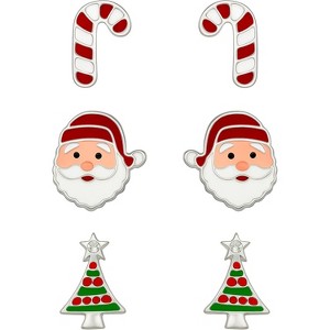 3 Pairs 925 Sterling Silver Christmas Stud Earrings: Santa, Candy Cane & Tree. - 1 of 4