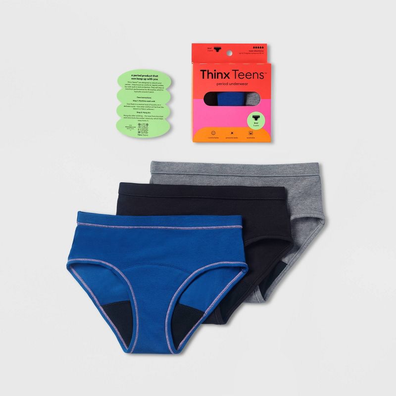 Thinx Teen's 3pc Classic Combo Briefs Period Underwear - Black/Blue/Gray, 4 of 15