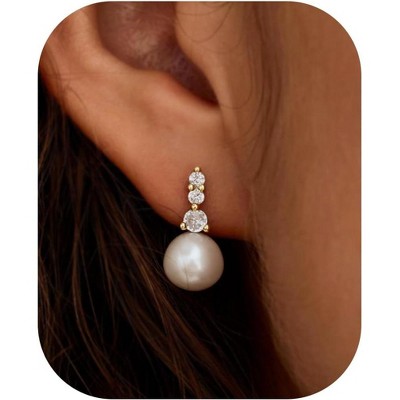 Pearl Earrings: 14k Gold-plated Cubic Zirconia Accented Pearl Drop Dangle Wedding Engagement Earrings For Women Bridal Bridesmaid