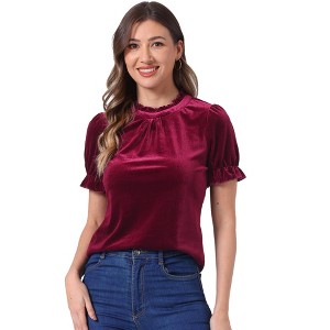 INSPIRE CHIC Women's Short Sleeve Velvet Keyhole Back Ruffle Mock Neck Shirt - 1 of 4