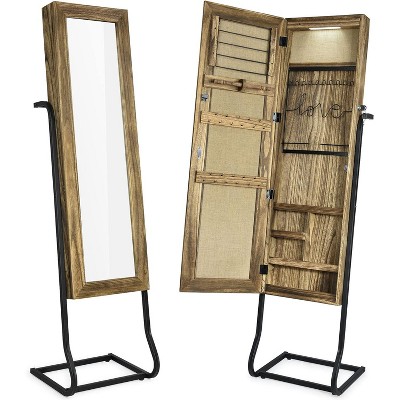 Sriracha Jewelry Armoire Cabinet, Solid Wood Standing Jewelry Organizer with Full Length Mirror (Carbonized Black)