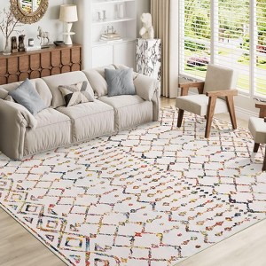 Modern Washable Area Rug, Geometric Pattern Bedroom Carpet with Non Slip Backing, Low Pile Stain Resistant Floor Carpet, Colorful - 1 of 4