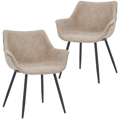 LeisureMod Markley Leather Dining Arm Chair With Metal Legs Set of 2