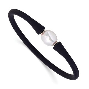Chisel Stainless Steel 9-10mm White Baroque Freshwater Cultured Pearl on Black Silicone 6.75" Bracelet - 1 of 4