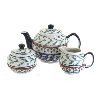 Blue Rose Polish Pottery Evergreen Three Piece Tea Set