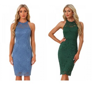 INSPIRE CHIC Women's Elegant Lace Halter Neck Sleeveless Bodycon Cocktail Sheath Dress 2 Packs - 1 of 4