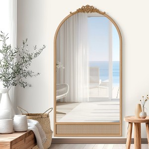 Dovelina Arched Solid Wood Top Carved Bottom Rattan Decorative Wall Mirror Large Mirror - 1 of 4