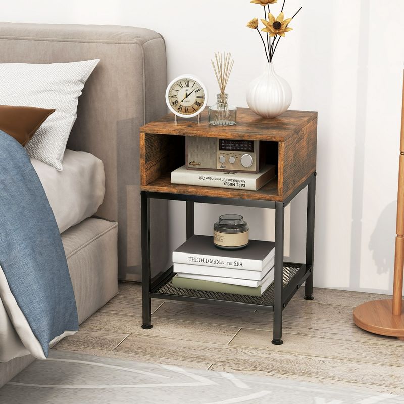 Costway 16" 3-tier Wood Top End Table w/ Metal Frame Storage Cube & Mesh Shelf Square, 2 of 11