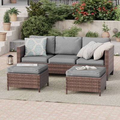Sonkuki 3-Seater Patio Sofa Set Brown/Gray Rattan with Ottomans