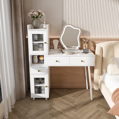 VYNXARIA Vanity Dressing Table with Storage - White Makeup Desk Featuring 3 Drawers, 2 Open Shelves & 4 Hidden Cabinets