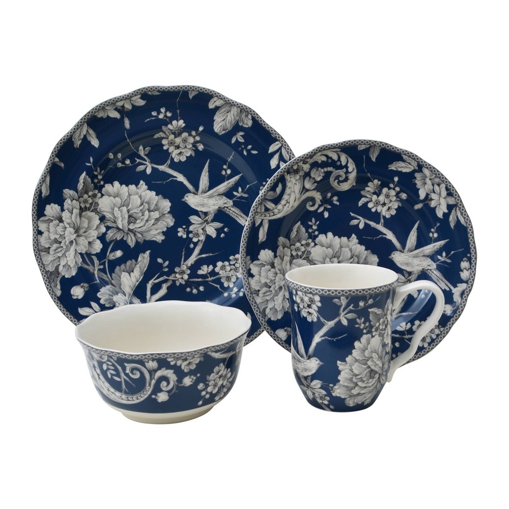 Photos - Glass 16pc Porcelain Adelaide Dinnerware Set Dark Blue - 222 Fifth: Floral Pattern, Microwave & Dishwasher Safe, Service for 4