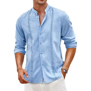 COOFANDY Men's Cuban Guayabera Shirts Casual Long Sleeve Button Down Shirts Band Collar Linen Summer Beach Shirts - 1 of 3