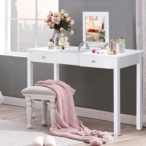 Costway Vanity Dressing Table Flip Top 7 Compartments Makeup Desk - White