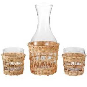 Slickblue 3-in-1 Glass Carafe & Tumblers Set, 48.3 oz Jug with Hand Woven Rattan - 1 of 4