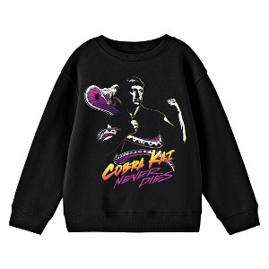 Cobra Kai Snake and Character Logo with Never Dies Slogan Youth Black Crew Neck Sweatshirt - 1 of 2