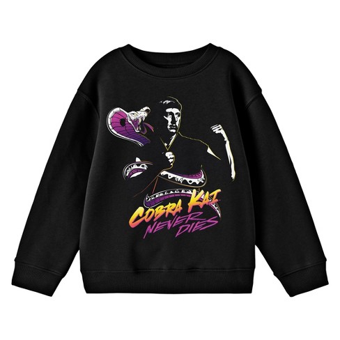 Cobra Kai Snake and Character Logo with Never Dies Slogan Youth Black Crew Neck Sweatshirt Large