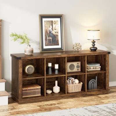 8-Cube Storage Organizer Bookshelf, 3-Tier Farmhouse Horizontal Wood Bookcase, 62" Long Low Storage Shelf for Entryway, Living Room