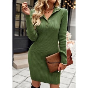 Coolmee Women's Long Sleeve Sweater Dress Button Knit Slim Fit Casual V Neck Elegant Bodycon Midi Dresses - 1 of 4
