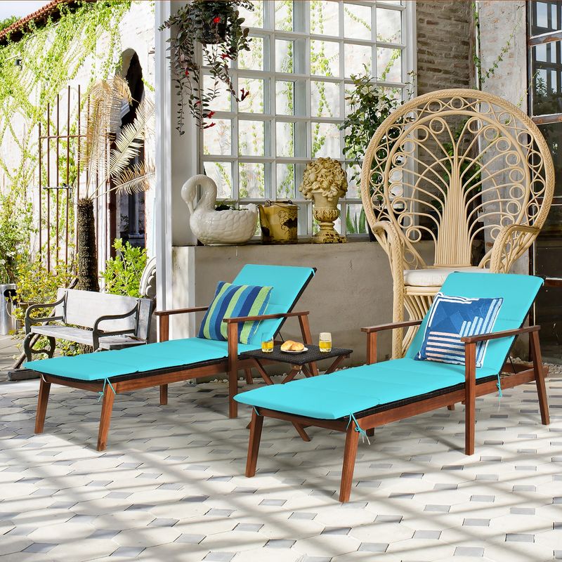Costway 3PCS Patio Rattan Lounge Chair Folding Table Set Chaise Wood Cushioned White\Turquoise, 4 of 11