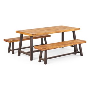 GDFStudio Bowman Outdoor Acacia Wood and Iron Frame 3 Piece Picnic Set - 1 of 4