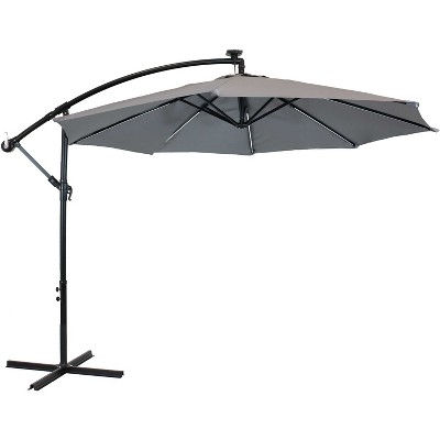 Sunnydaze Outdoor Steel Cantilever Offset Patio Umbrella with Solar LED Lights, Air Vent, Crank, and Base - 9' - Smoke