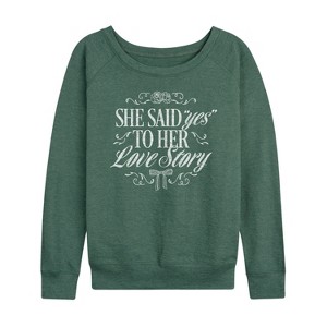 Women's - Instant Message - Yes To Her Love Story Lightweight French Terry Wide Neck Long Sleeve Graphic Shirt - 1 of 4