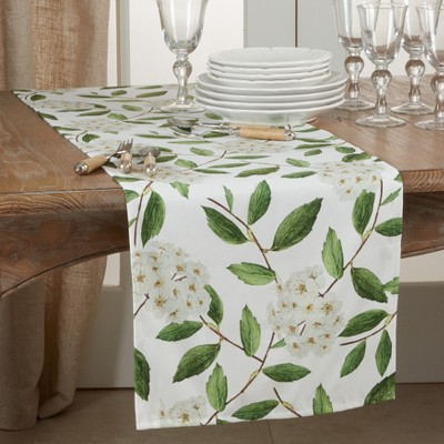 Green and White Floral Polyester Table Runner, 16" x 72"