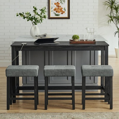 PDTEND 59" 4-Piece Dining Set with Power Outlet & 3 Upholstered Stools - For Kitchen, Living Room and Dining Room