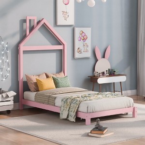 Wood Platform Bed with House-Shaped Headboard - ModernLuxe - 1 of 4