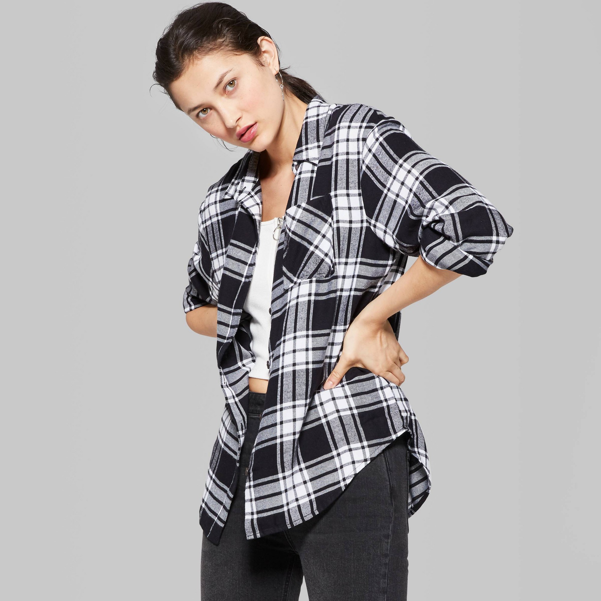 Black WOMEN Long Sleeve Check Print Flannel Shirt 2409342