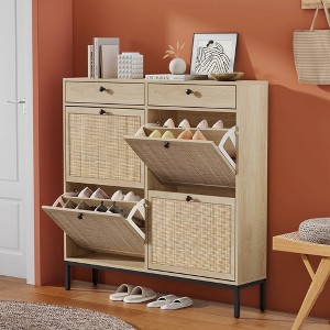 Brafabhome Entryway Rattan Shoe Storage Cabinets with 4 Flip Doors, Farmhouse Wood Shoe Organizer for Slippers in Hallway Living Room | 16 Pairs - 1 of 4