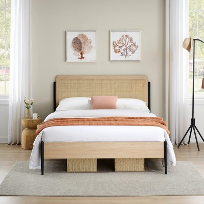 Full Size Platform Bed Frame with Rattan Headboard, Boho Style Mattress Foundation with Underbed Storage, Easy Assembly, No Box Spring Needed