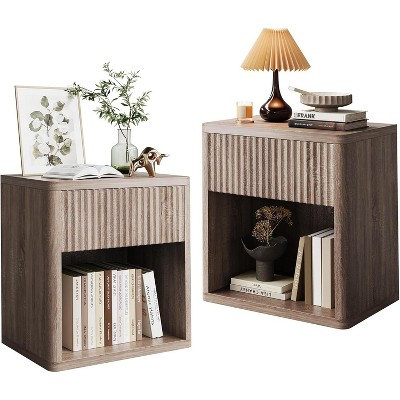 Night Stand Set of 2 Farmhouse Fluted Nightstand with Drawer Storage, Mid Century Wood Bedside Table for Bedroom Living Room Sofa Office