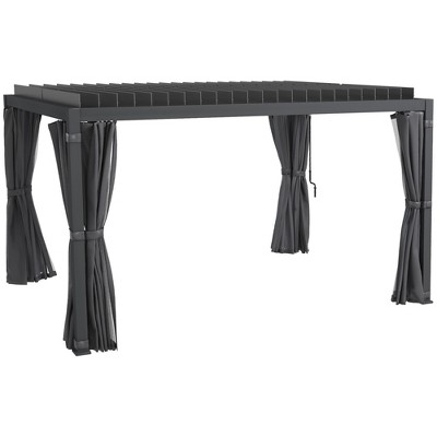 Dark Gray Aluminum Pergola with Adjustable Louvered Roof and Curtains