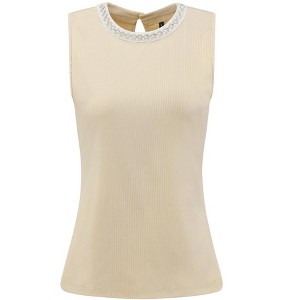 INSPIRE CHIC Women's Sleeveless Keyhole Crew Neck Beaded Decor Summer Casual Work Blouse - 1 of 4