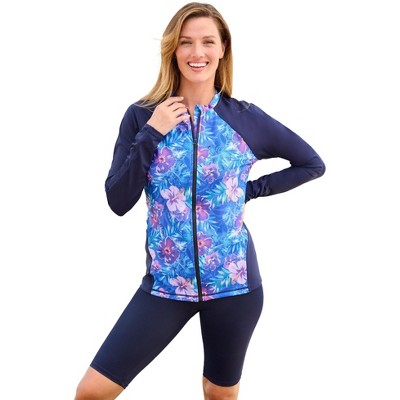Swim 365 Women's Plus Size Chlorine Resistant Long-Sleeve Colorblock Swim Tee