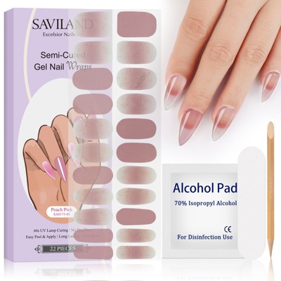 Saviland Women's 22pcs Semi-Cured Gel Nail Strips Kit - Glossy & Long-Lasting Nail Art Design with Tools (Peach Pink Series)