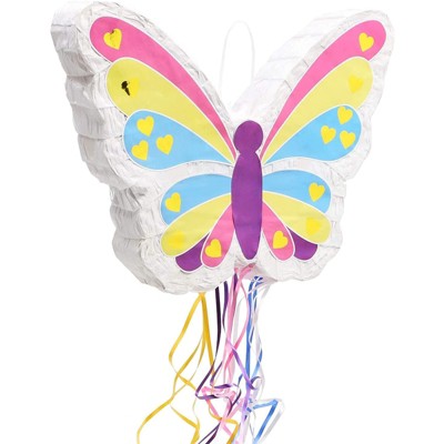 Blue Panda Butterfly Pull String Pinata for Girl Baby Shower, Fairy Theme Birthday, Spring Garden Party Supplies and Decorations, Small 16.5x13"