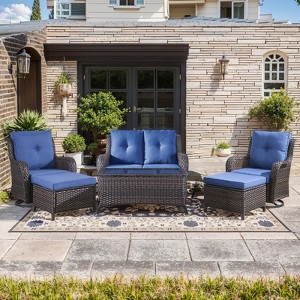 Gymojoy 6 Piece Outdoor Wicker Loveseat Sofa with Patio Swivel Glider Chairs with Coffee Table and Ottoman Sets - 1 of 4
