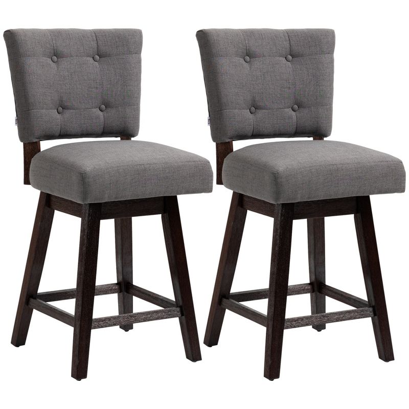 HOMCOM Swivel Bar Stools Set of 2, Fabric Tufted Counter Height Bar Stools with Rubber Wood Legs and Footrest for Dining Room, Kitchen, Pub, 4 of 7