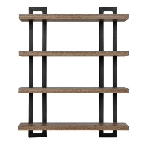 Danya B. Rhodes 4 Tier Modern Floating Windowsill Wall Shelf Unit with Black Metal Frame and Light Walnut MDF Shelves, Brown