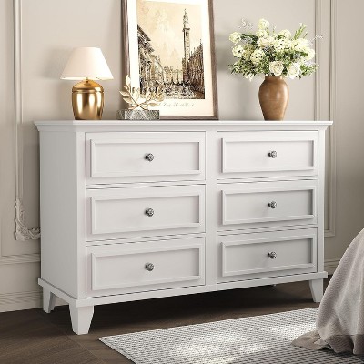 TackView 6 Drawer Wide Dresser Storage Organizer, Modern Wooden Chest of Drawers with Metal Handles for Hallway, Entryway, Home Office