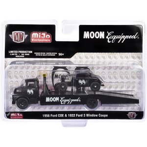 1956 Ford COE Ramp Truck Matt Black and 1932 Ford 3 Window Coupe Matt Black "Mooneyes" 1/64 Diecast Model by M2 Machines - 1 of 3