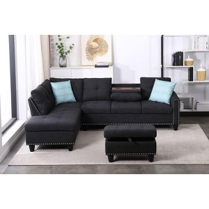 Okak 98" L-Shaped Sectional Couch with Movable Ottoman&2 Throw Pillows, Modern Linen Upholstered Sofa Chaise for Living Room,Apartment, Charcoal Gray - 1 of 4