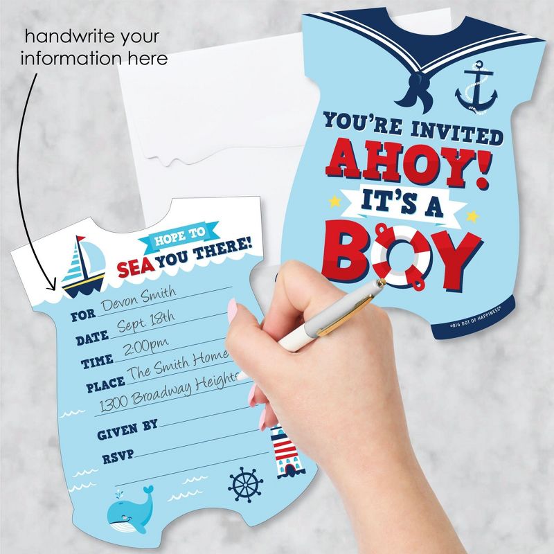Big Dot of Happiness Ahoy It's a Boy - Shaped Fill-In Invitations - Nautical Baby Shower Invitation Cards with Envelopes - Set of 12, 2 of 8