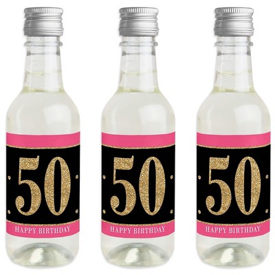 Big Dot of Happiness Chic 50th Birthday - Pink, Black and Gold - Mini Wine and Champagne Bottle Label Stickers - Birthday Party Favor Gift - Set of 16