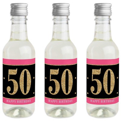 Big Dot of Happiness Chic 50th Birthday - Pink, Black and Gold - Mini Wine and Champagne Bottle Label Stickers - Birthday Party Favor Gift - Set of 16